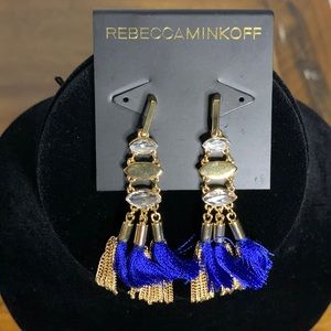 NWT $68 Rebecca Minkoff Earrings Gold And Cobalt Blue Tassel Detail
